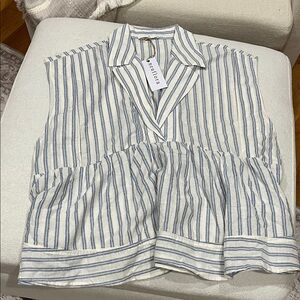 Neuflora Striped Sleeveless Cotton/Linen Blouse in Blue and White Stripe